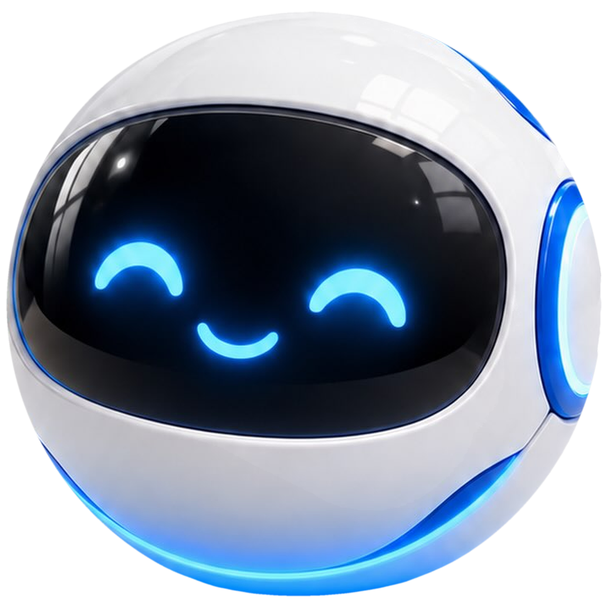 Kira, the HouseTour AI guide: a white glossy sphere with a black visor and a glowing blue smile
